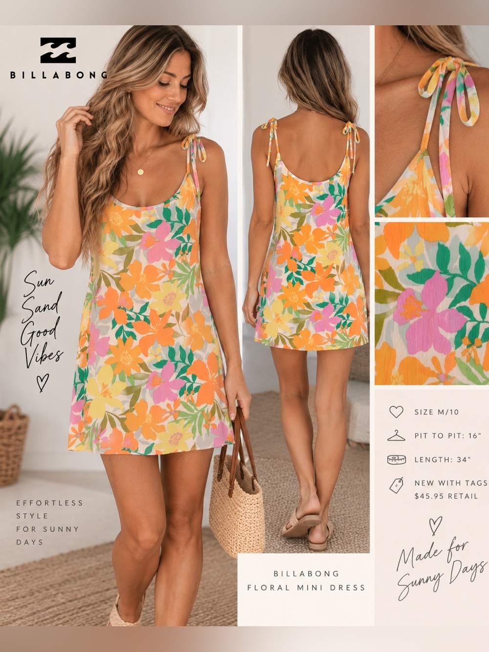 Billabong Orange Multi Floral Tie-Shoulder Mini Dress